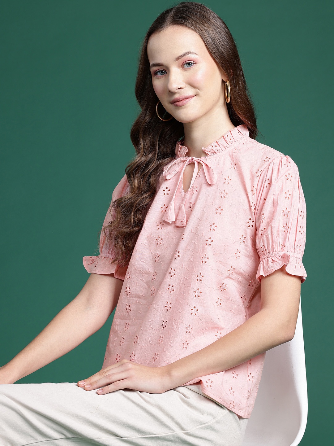 

DressBerry Floral Embroidered Schiffli Tie-Up Neck Puff Sleeves Top, Pink