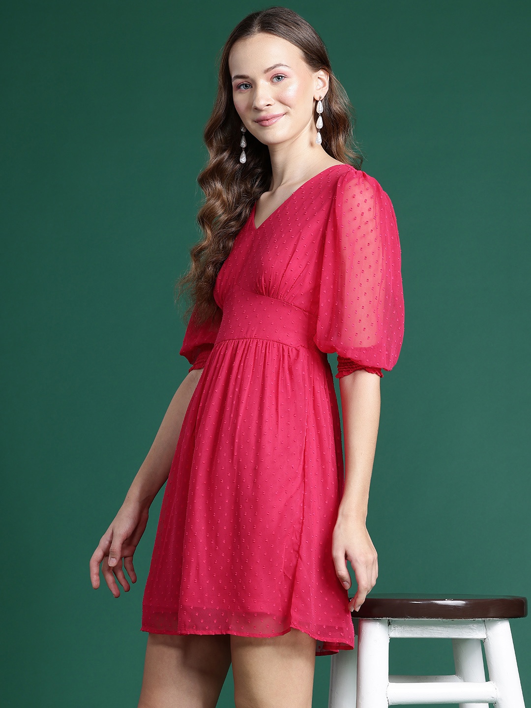 

DressBerry Dobby Puff Sleeves Georgette Fit & Flare Dress, Pink