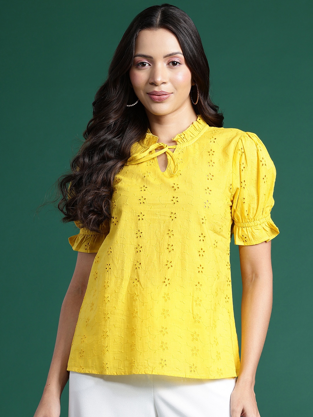 

DressBerry Floral Embroidered Schiffli Tie-Up Neck Puff Sleeves Top, Yellow