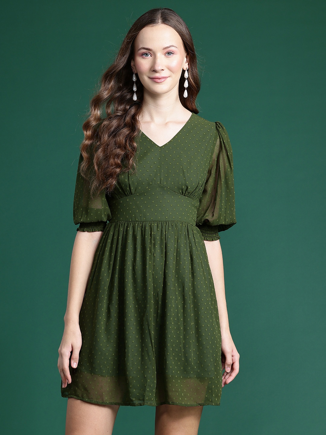 

DressBerry Dobby Puff Sleeves Georgette Fit & Flare Dress, Olive