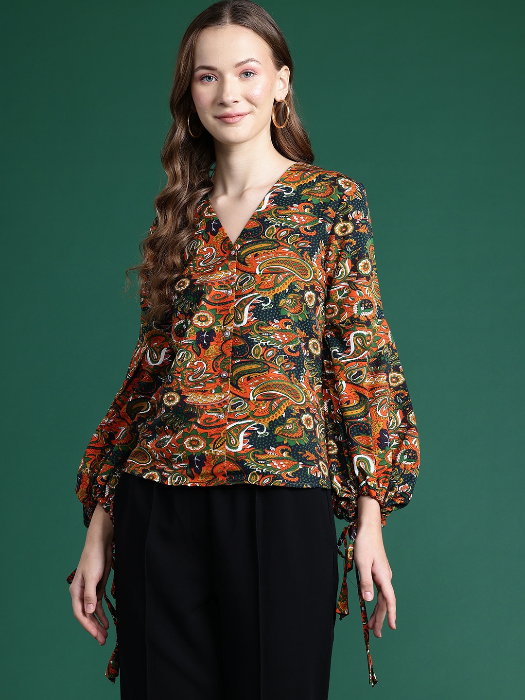 

DressBerry Ethnic Print Puff Sleeves Crepe Shirt Style Top, Multi