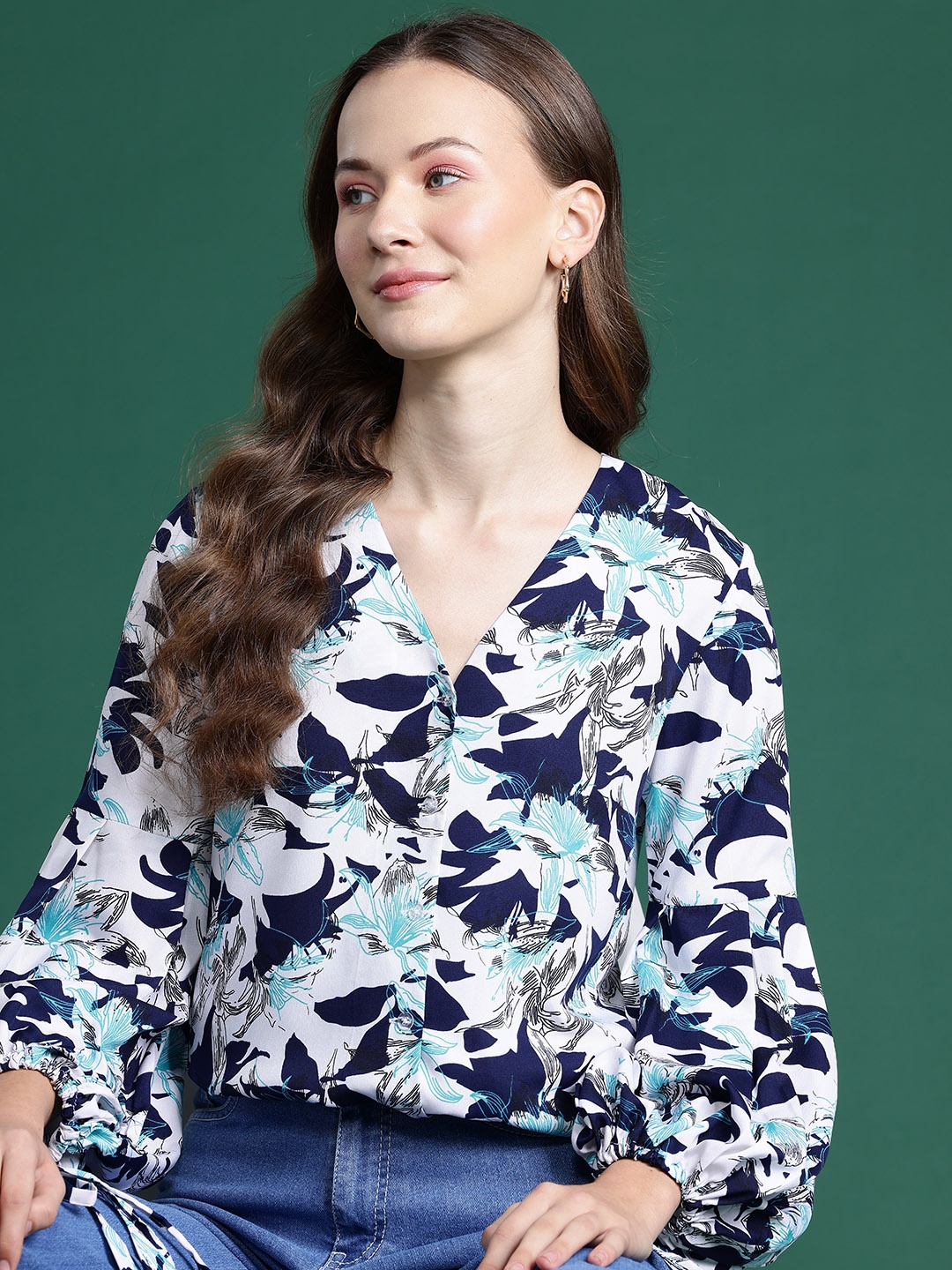 

DressBerry Floral Print Puff Sleeves Crepe Shirt Style Top, Navy blue