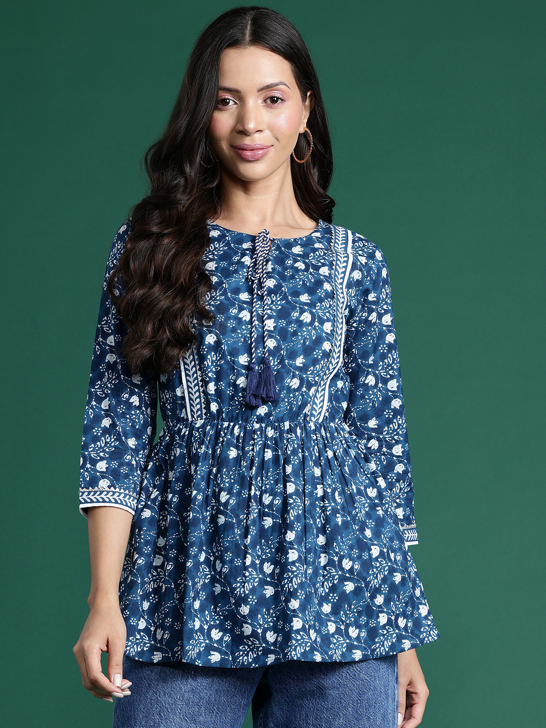 

DressBerry Ethnic Print Tie-Up Neck Peplum Longline Top, Navy blue