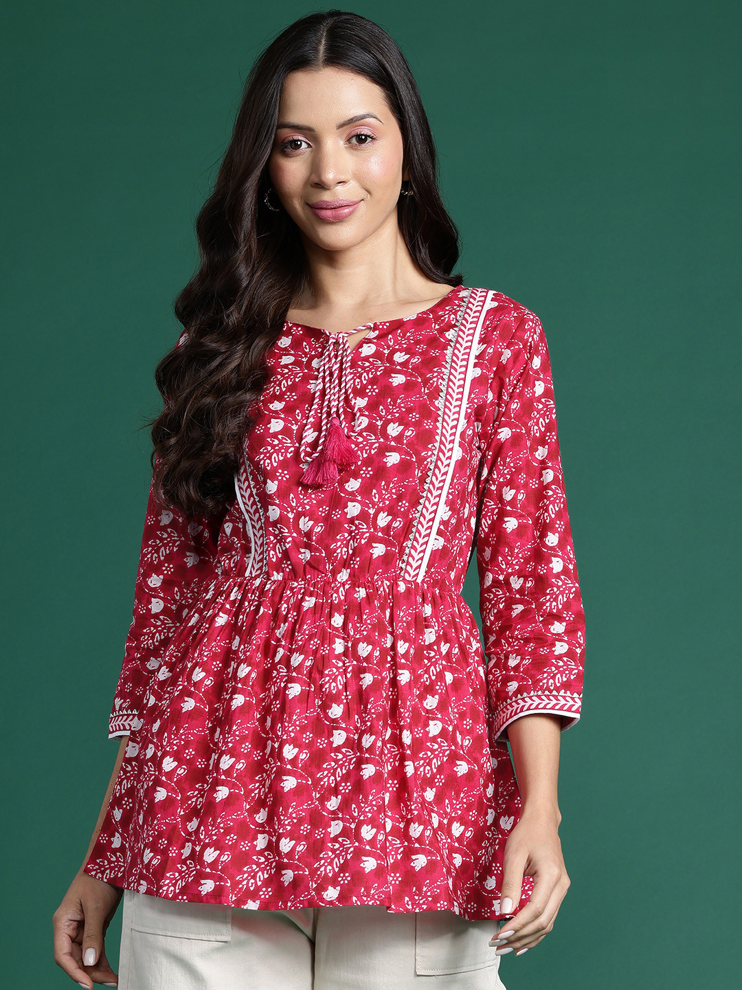 

DressBerry Ethnic Print Tie-Up Neck Peplum Longline Top, Pink