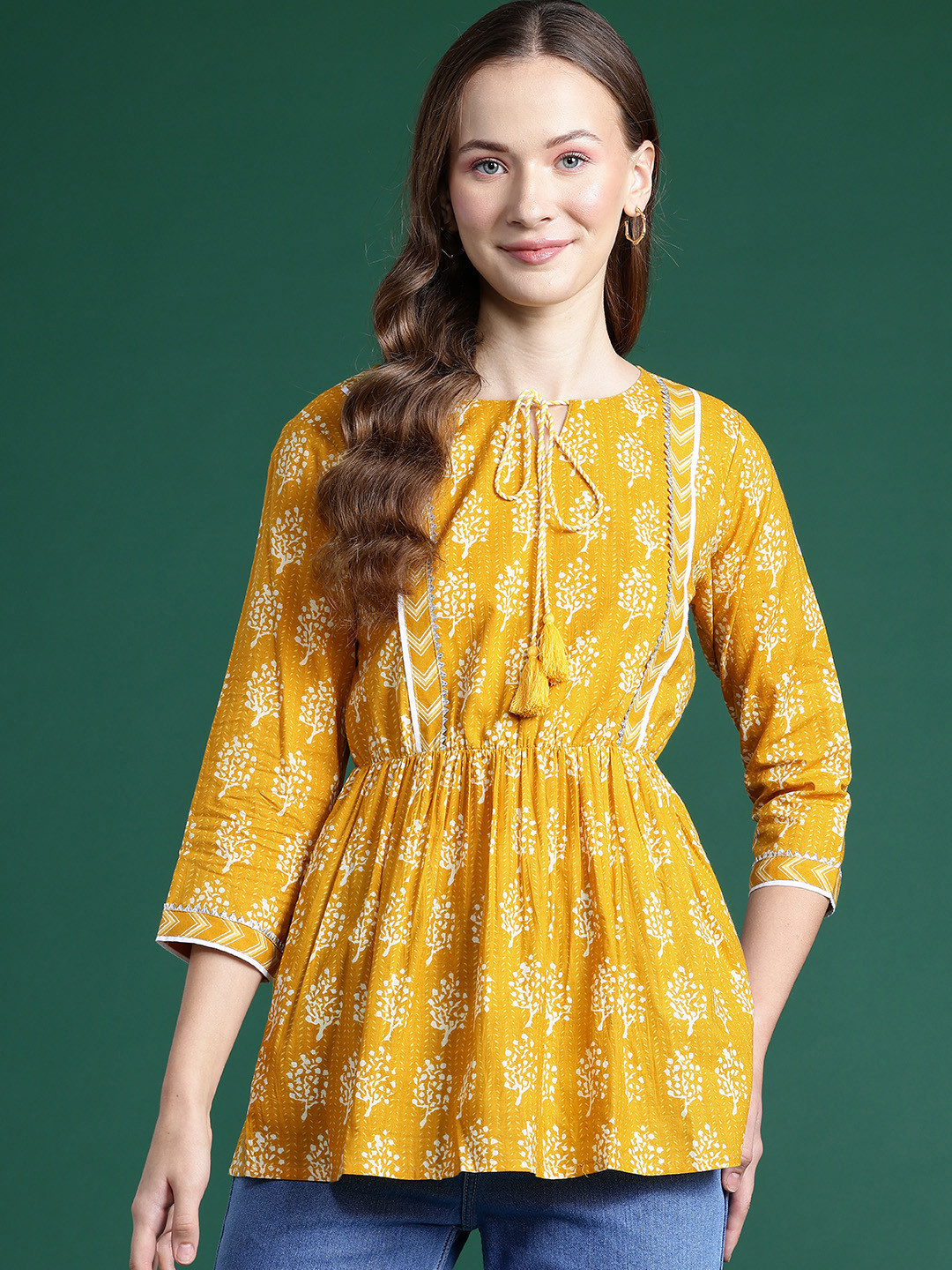 

DressBerry Ethnic Print Tie-Up Neck Peplum Longline Top, Mustard