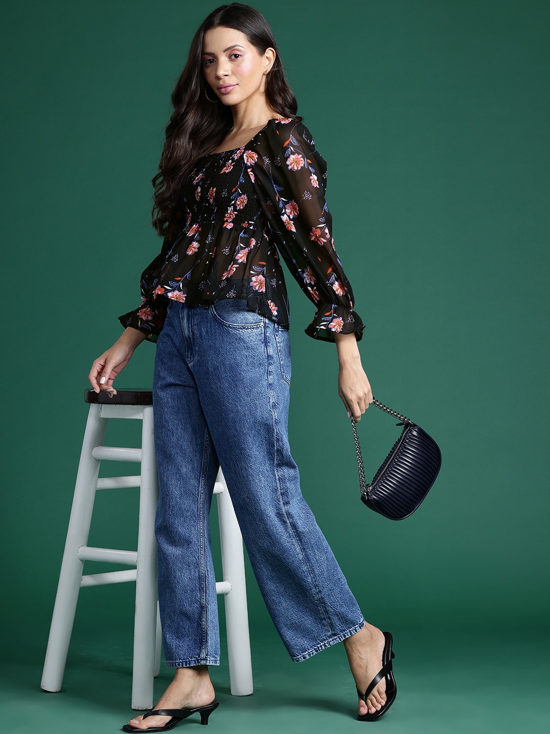 

DressBerry Floral Print Puff Sleeves Georgette Peplum Top, Black