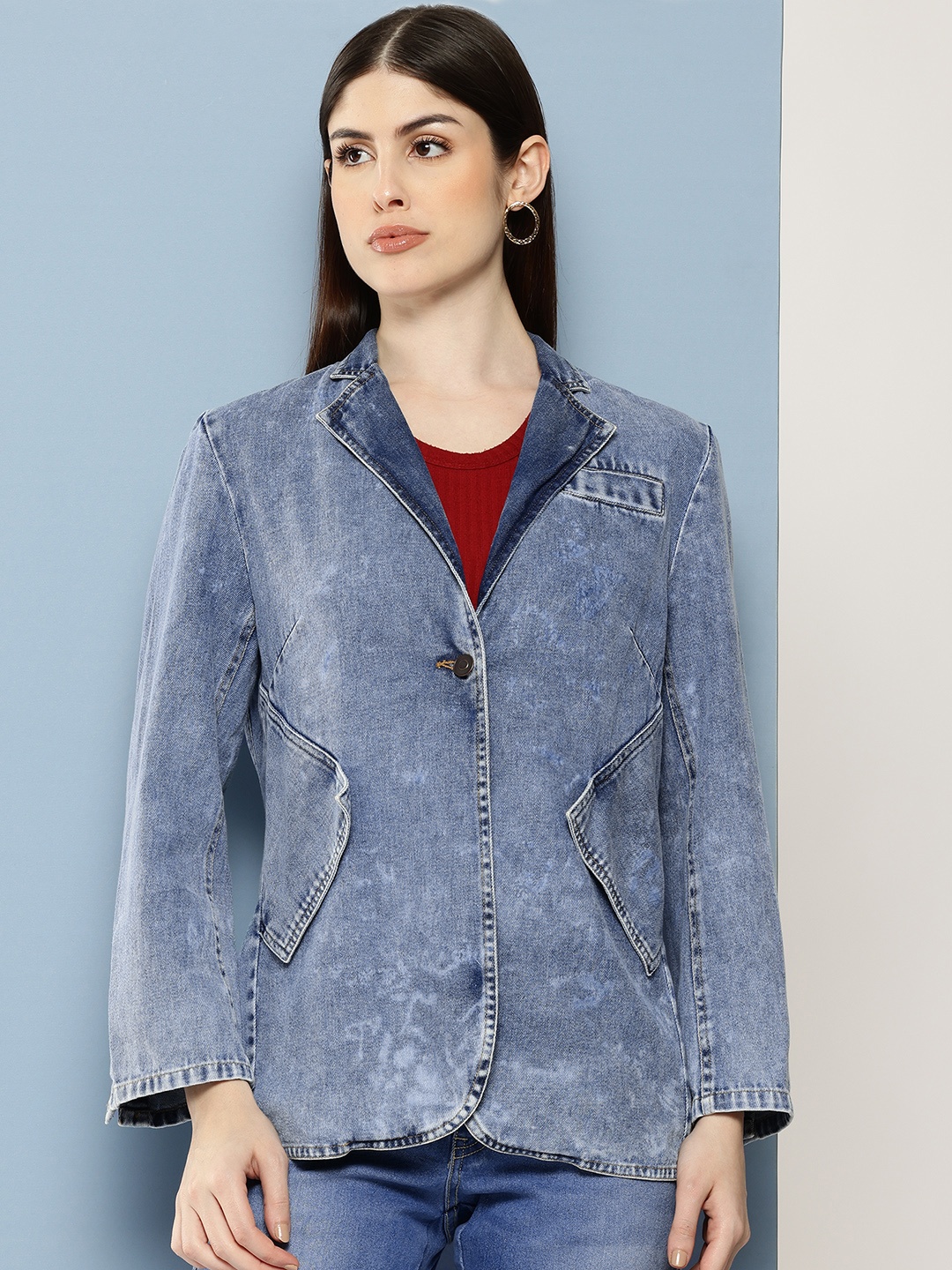 

Chemistry Lapel Collar patch Detail Pure Cotton Denim Jacket, Blue