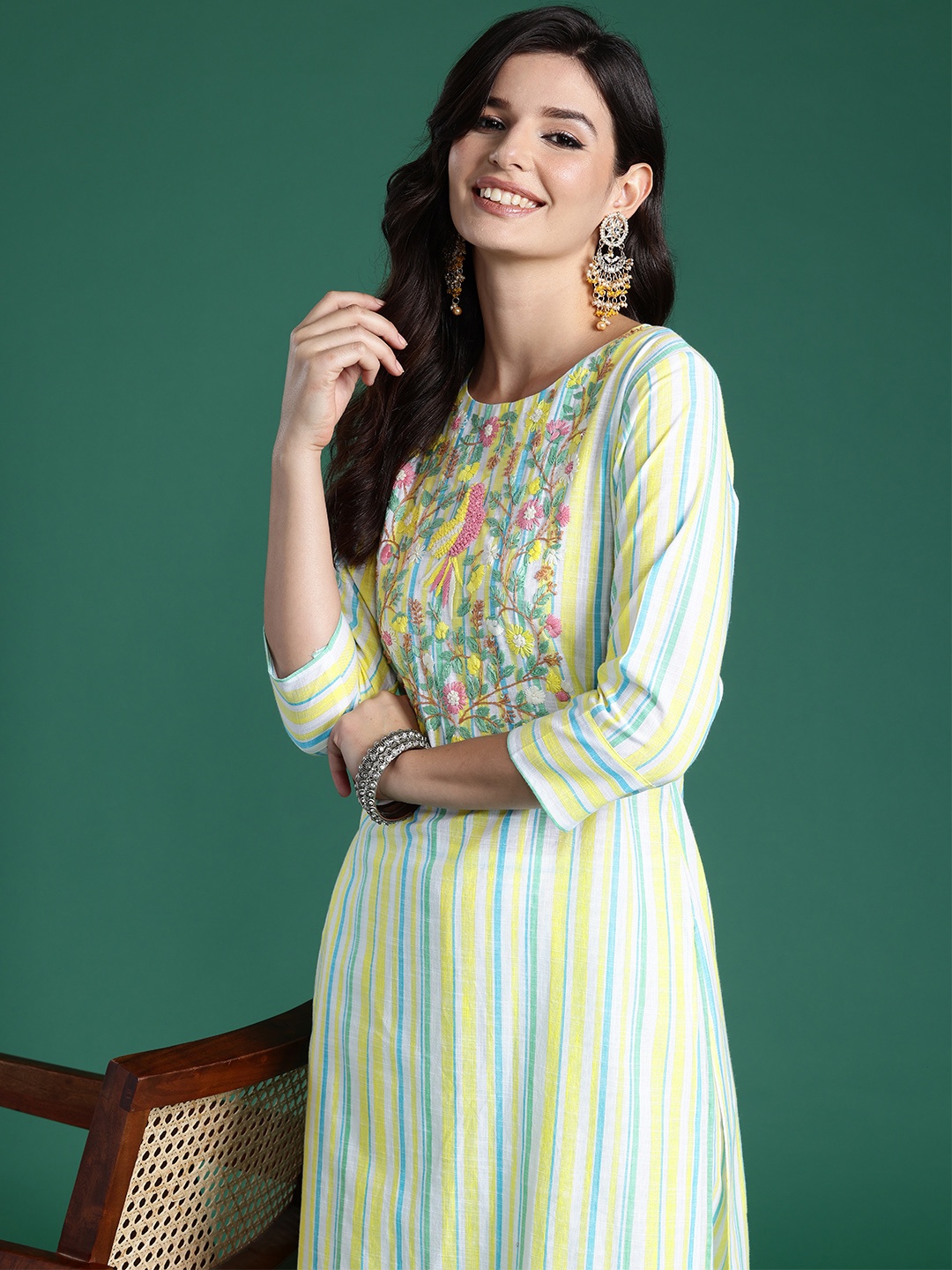 

Indo Era Women Striped Regular Thread Work Pure Cotton Kurta with Trousers, Multi