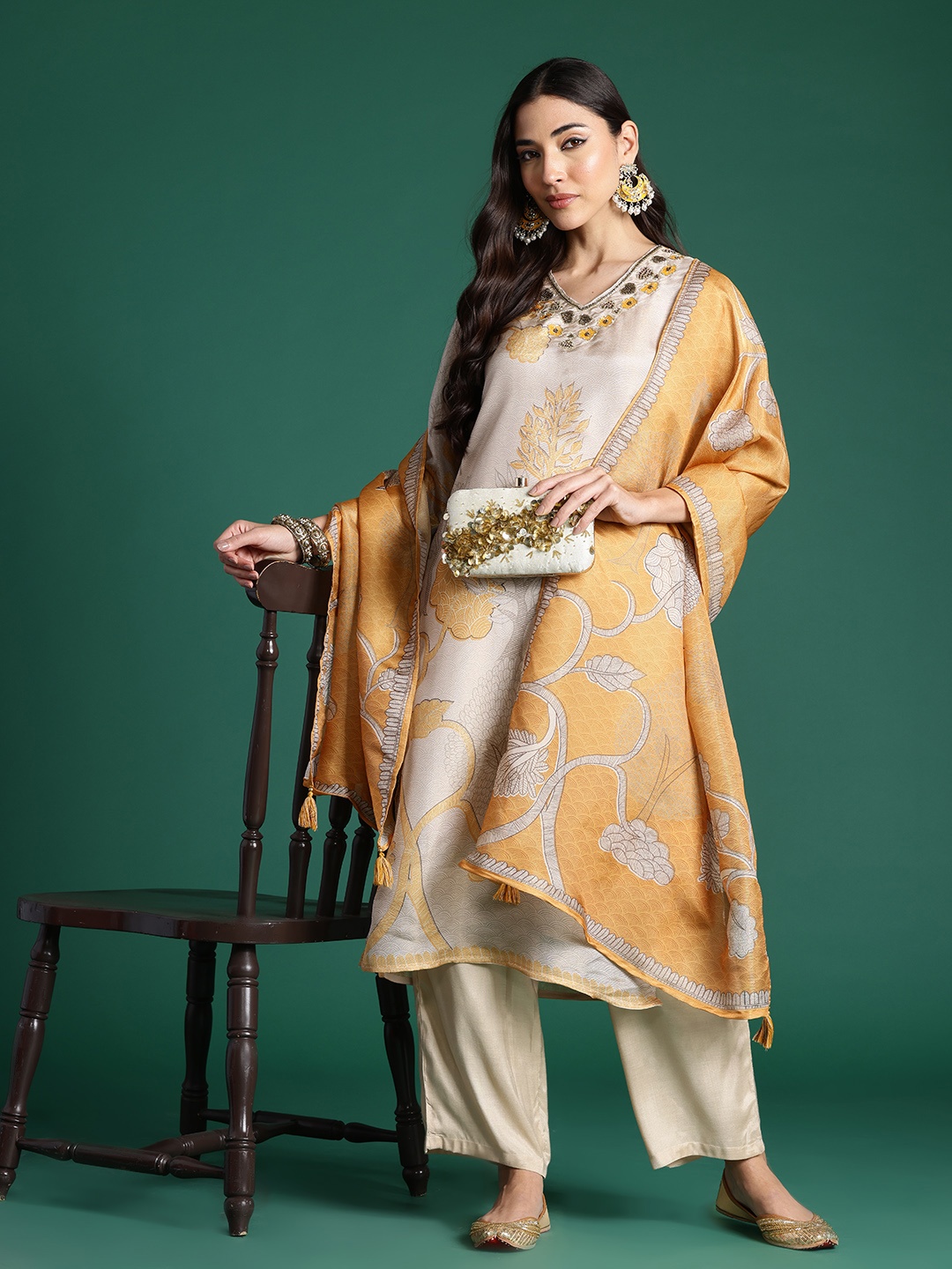 

Indo Era Floral Printed Beads & Stones Kurta with Palazzos & With Dupatta, Cream
