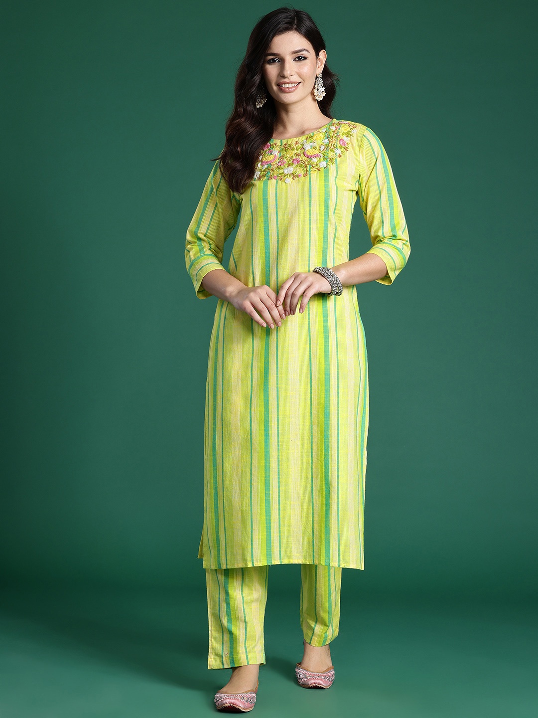 

Indo Era Floral Embroidered Thread Work Pure Cotton Kurta with Trousers, Yellow