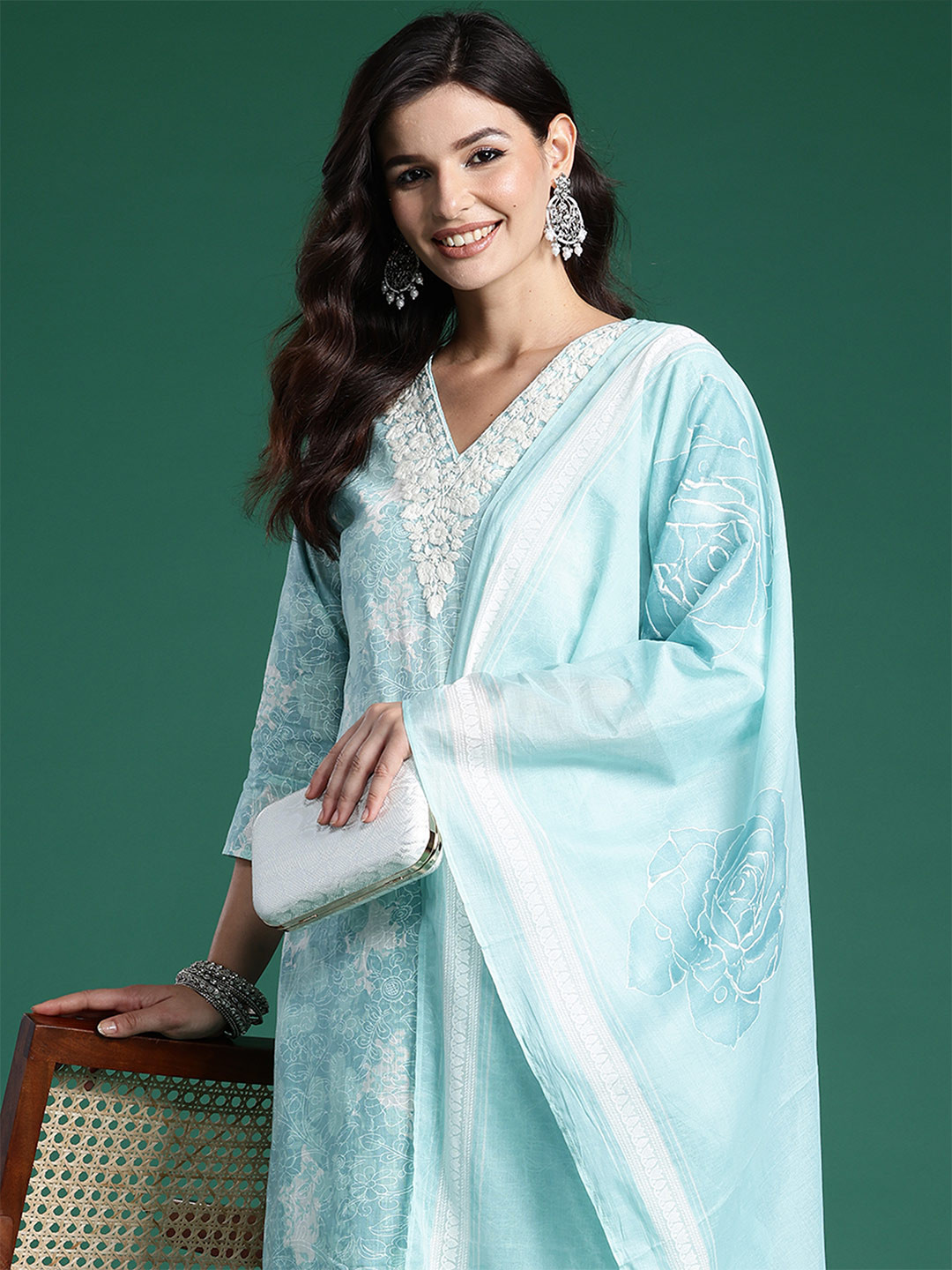 

Indo Era Floral Printed Thread Work Pure Cotton Kurta With Trousers & Dupatta, Turquoise blue