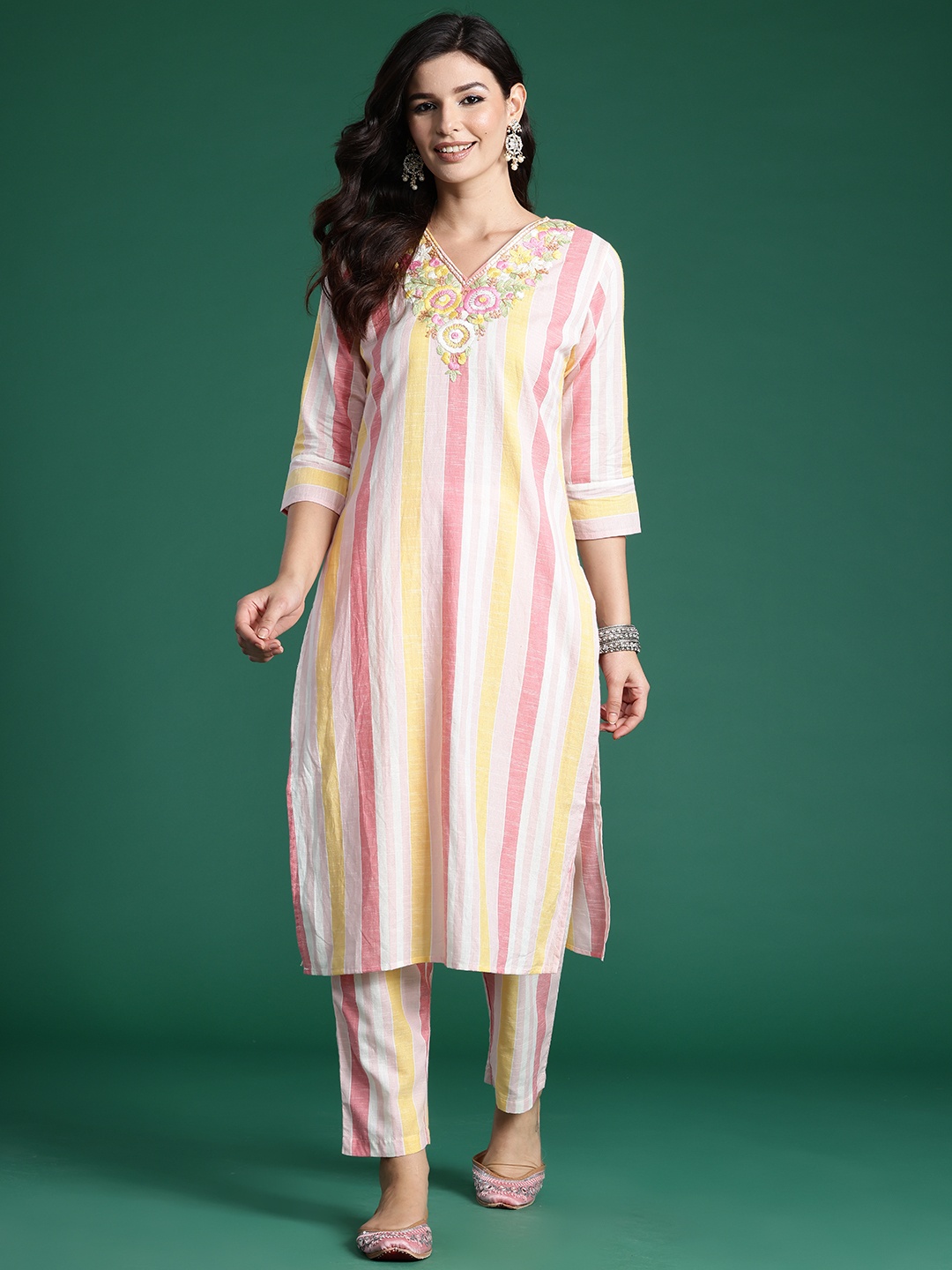 

Indo Era Striped Thread Work Pure Cotton Kurta with Trousers, Multi