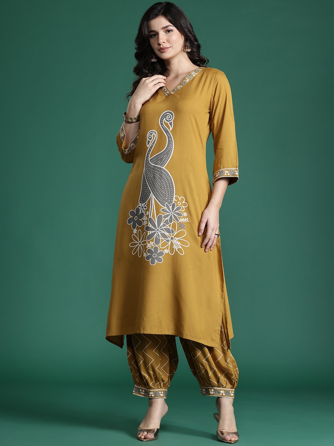 

Indo Era Quirky Printed Beads & Stones Kurta with Salwar, Mustard