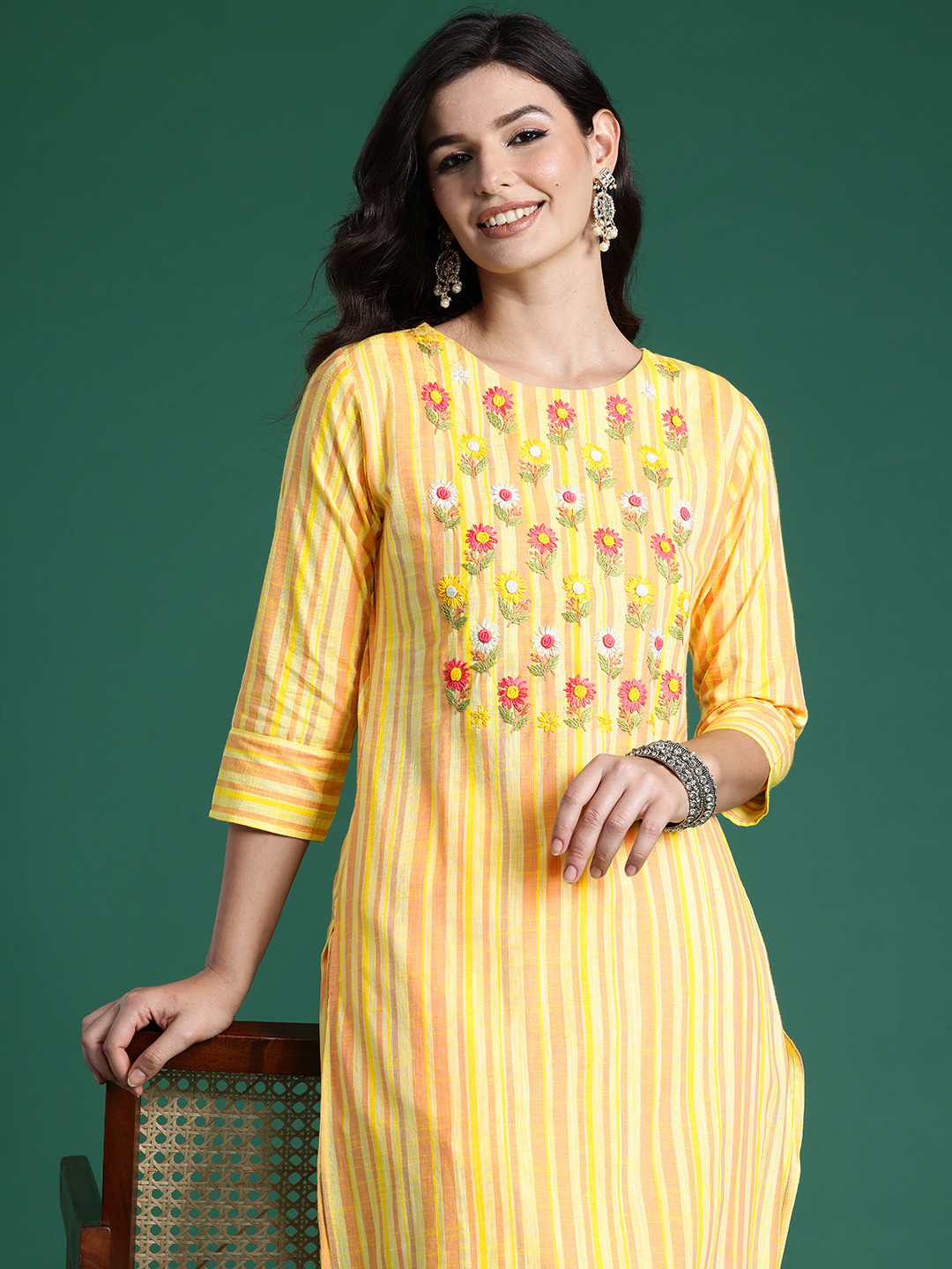 

Indo Era Floral Embroidered Thread Work Pure Cotton Kurta with Trousers, Yellow