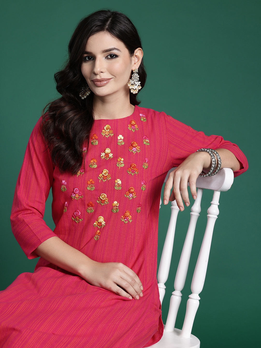 

Indo Era Floral Embroidered Thread Work Pure Cotton Kurta with Trousers, Pink