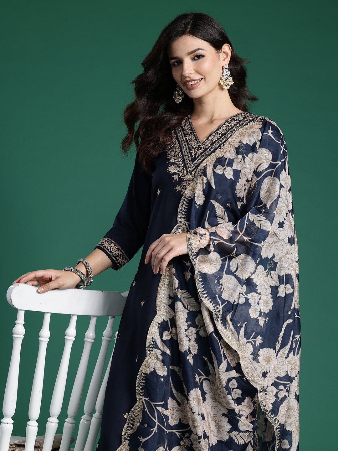 

Indo Era Ethnic Motifs Embroidered Sequinned Kurta with Salwar & With Dupatta, Navy blue