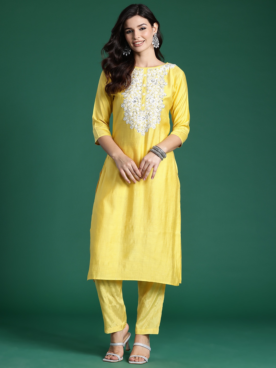 

Indo Era Ethnic Motifs Embroidered Thread Work Kurta with Trousers, Yellow