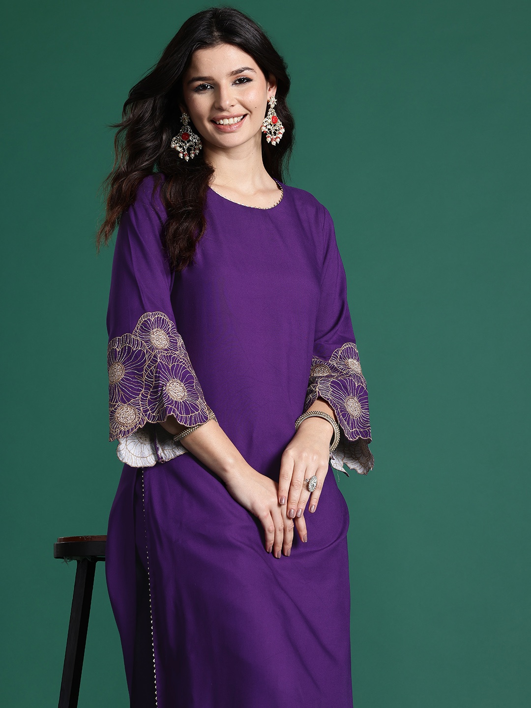 

Indo Era Floral Zari Embroidered Kurta with Trousers, Purple