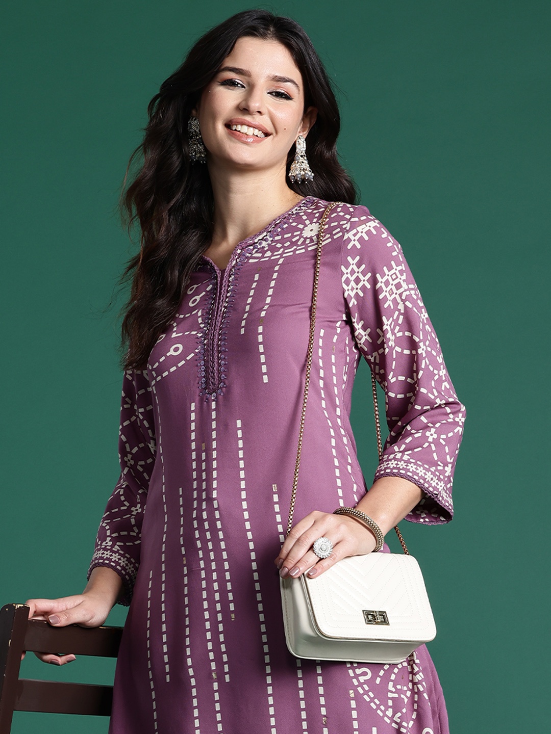 

Indo Era Printed Beads & Stones Kurta with Palazzos, Mauve