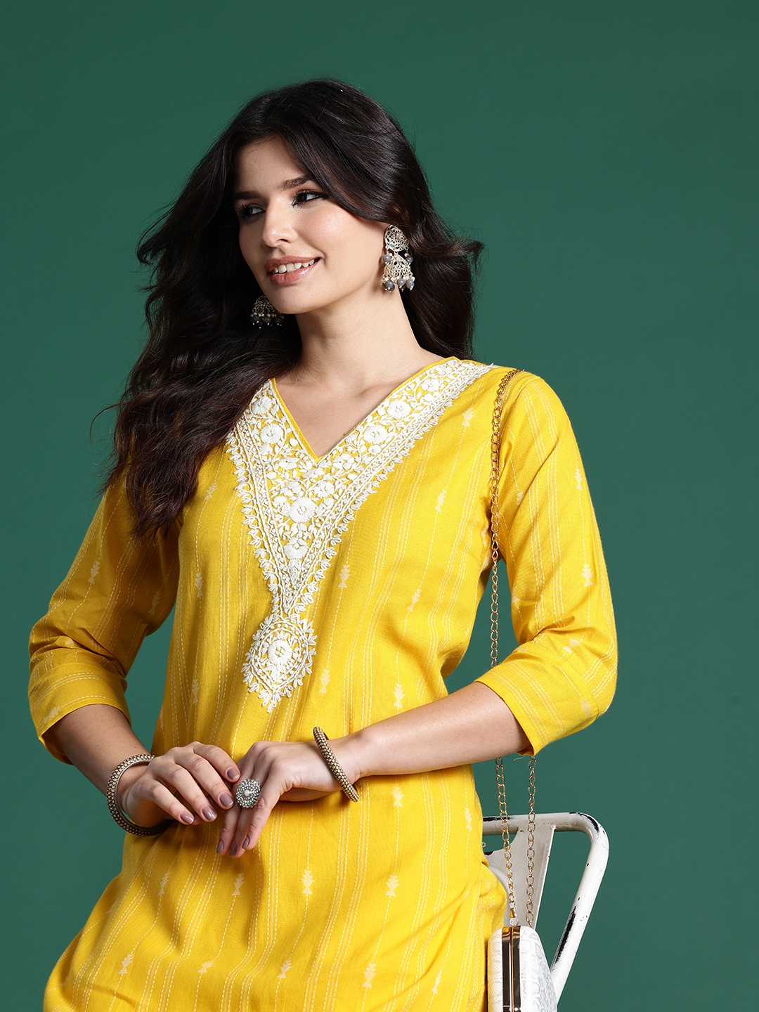 

Indo Era Ethnic Motifs Embroidered Thread Work Pure Cotton Kurta with Trousers, Yellow