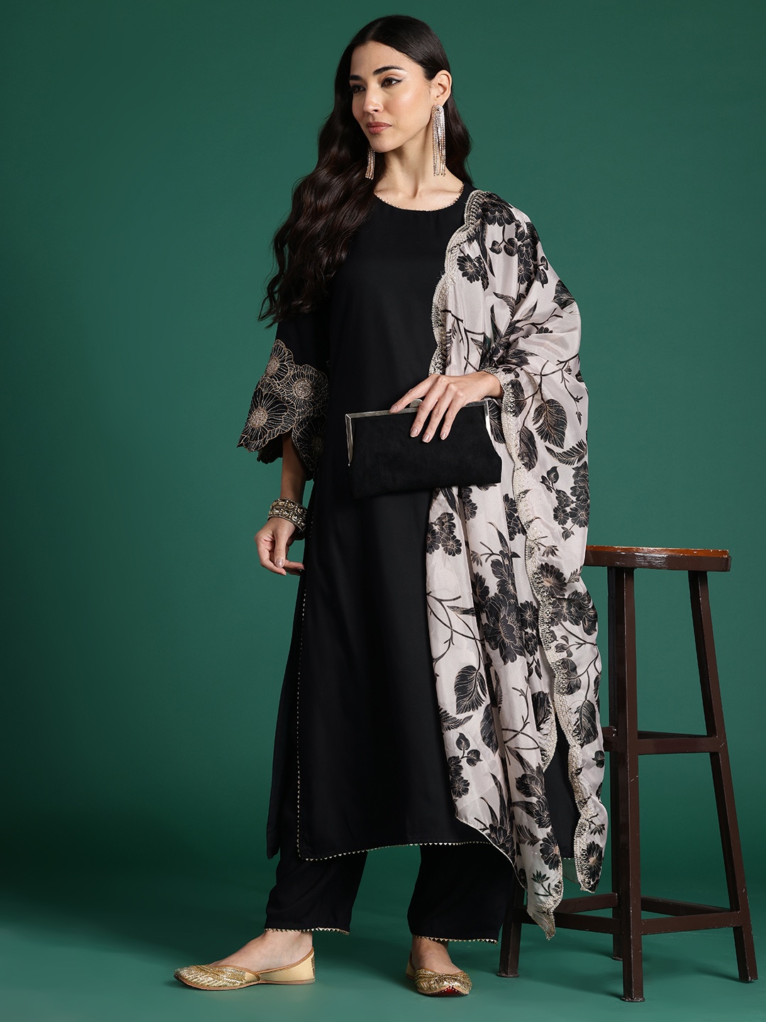 

Indo Era Floral Embroidered Kurta with Trousers & With Dupatta, Black
