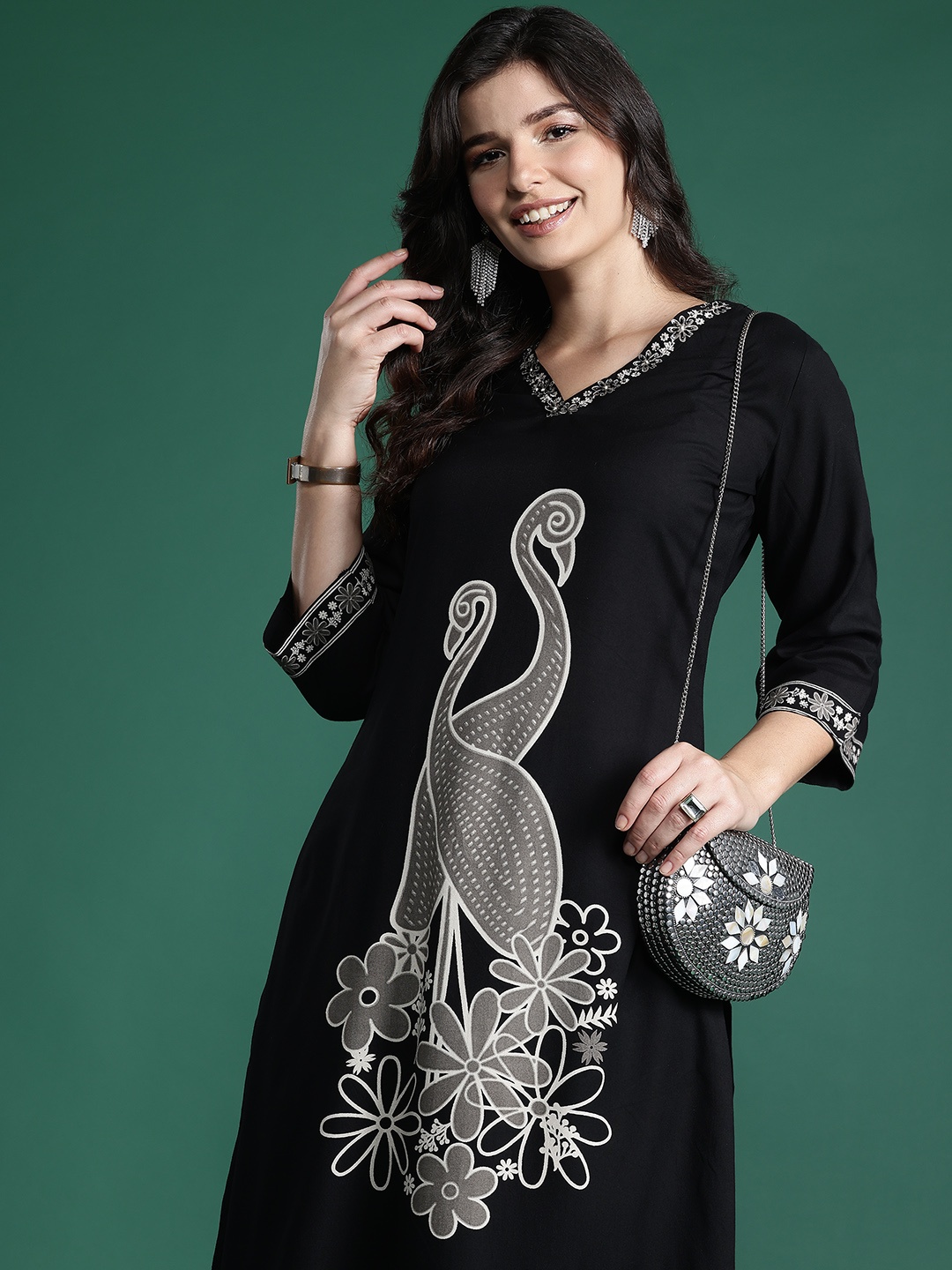 

Indo Era Printed Beads and Stones Detail Kurta with Trousers, Black