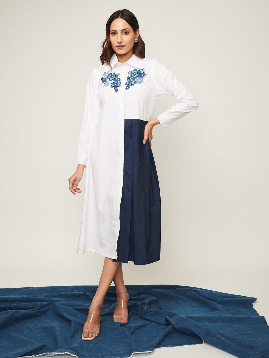 

WEAVING CULT Women Embroidered Denim A-Line Midi Dress, White