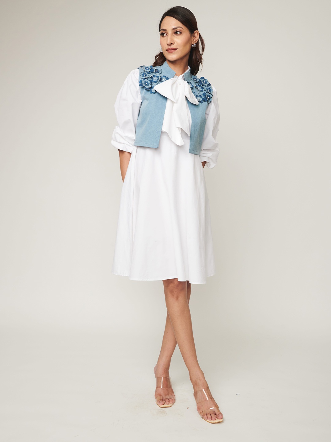 

WEAVING CULT Embroidered Women Tie-Up Neck Fit & Flare Dress, White