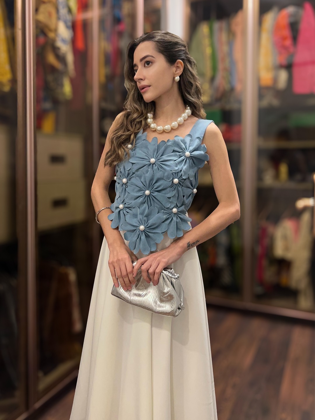 

WEAVING CULT Women Self Design Denim Fit & Flare Midi Dress, Off white