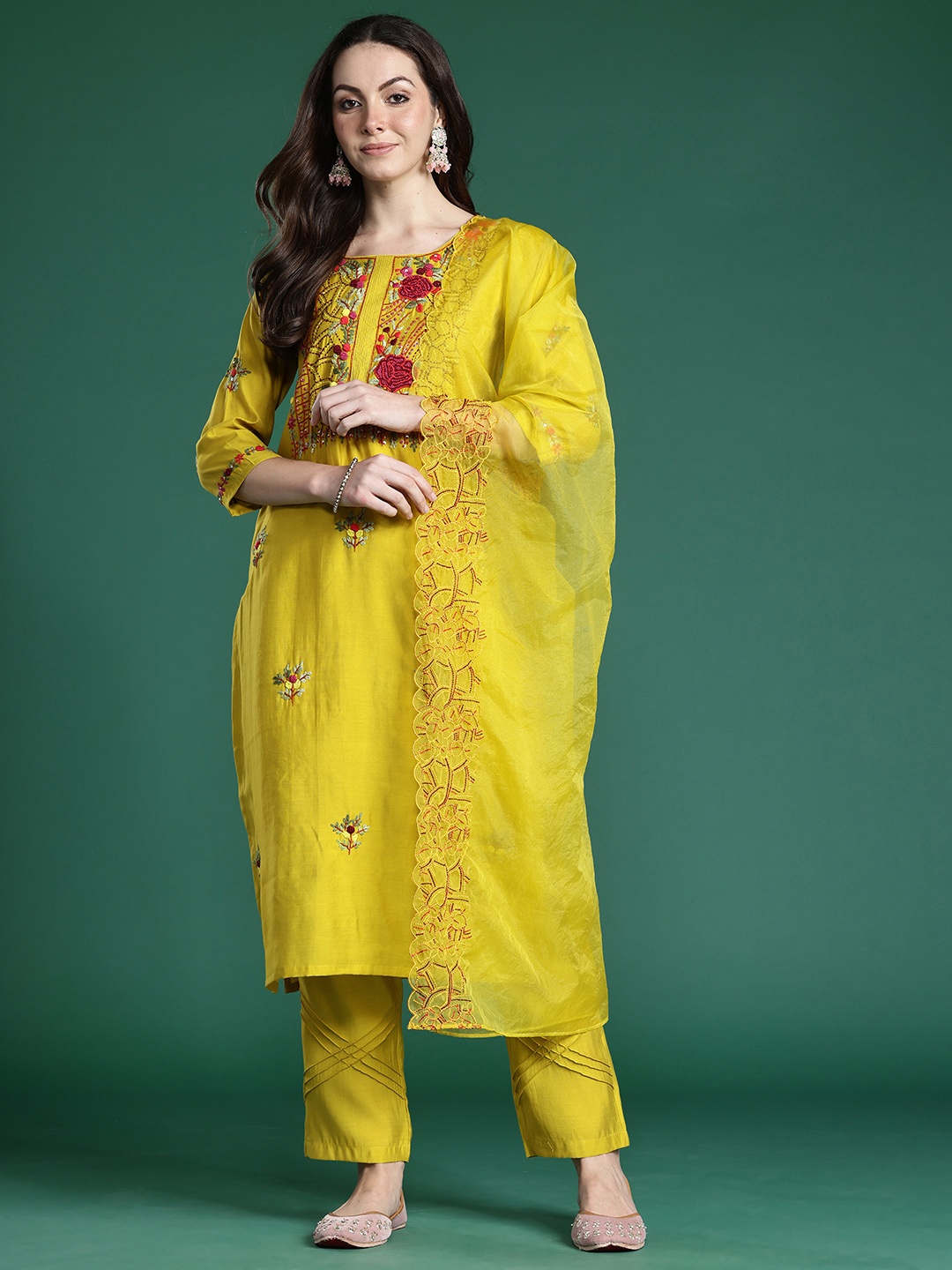 

Indo Era Women Floral Embroidered Thread Work Kurta With Trousers & Dupatta, Mustard