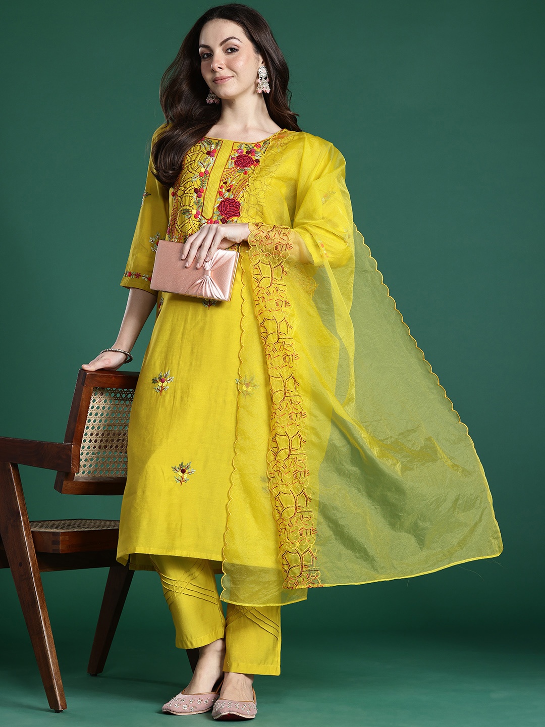 

Indo Era Women Floral Embroidered Thread Work Kurta With Trousers & Dupatta, Mustard