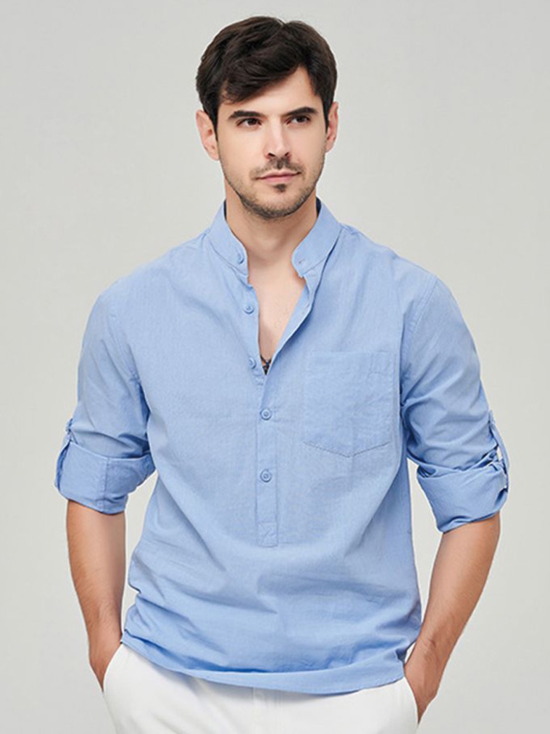 

StyleCast x Revolte Men Band Collar Solid Cotton Casual Shirt, Blue