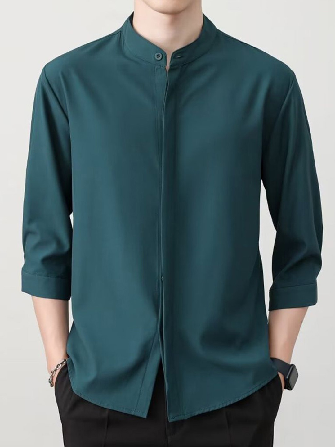 

StyleCast x Revolte Men Band Collar Solid Casual Shirt, Green