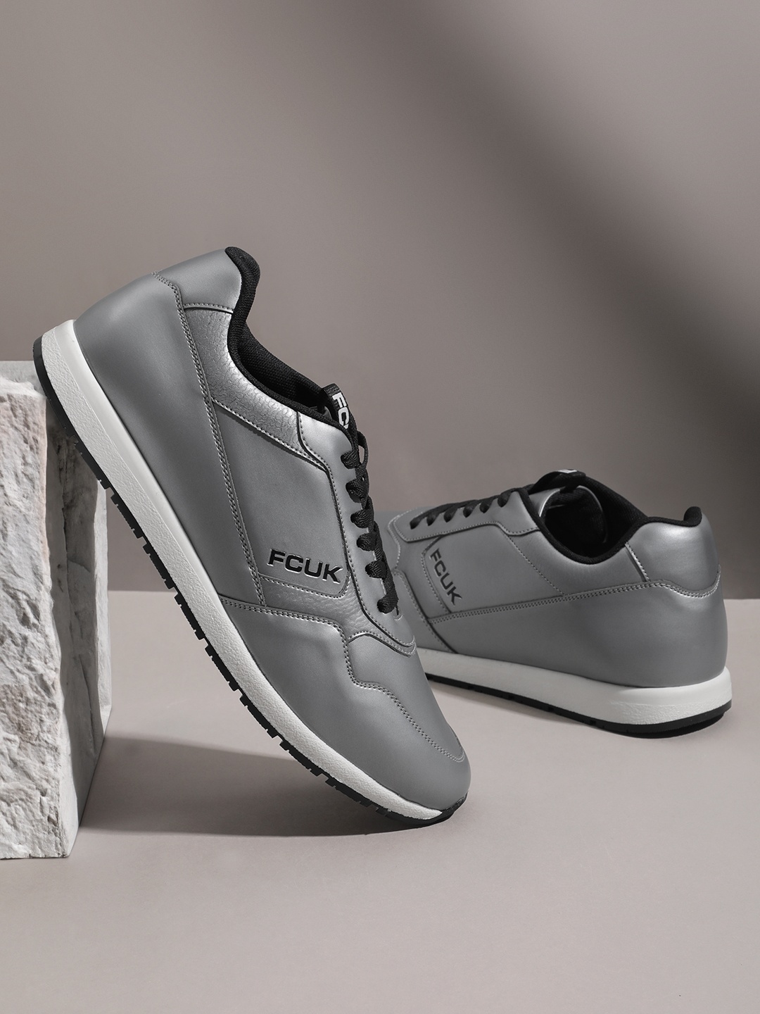 

FCUK Men Brand Logo Detail Round-Toe Everyday Sneakers, Silver