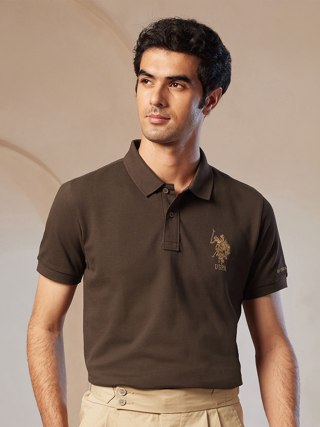 

U.S. Polo Assn. Men Solid Polo Collar Cotton Slim Fit T-shirt, Brown