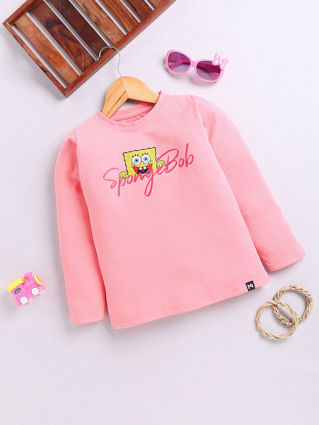 

YK X Minute Mirth Girls Spongebob Printed Pure Cotton Top, Pink
