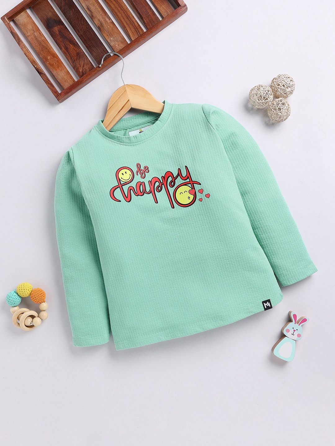 YK X Minute Mirth Girls Typography Printed Pure Cotton Top, Green