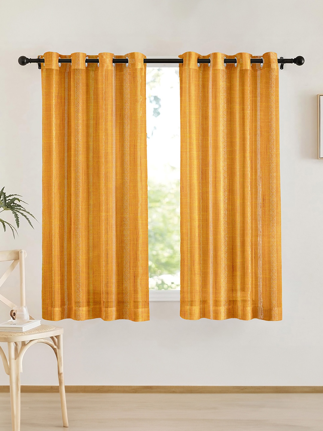 

URBAN SPACE Yellow 2 Pieces Striped Sheer Window Curtain