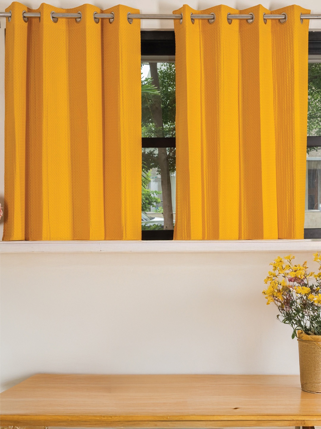 

URBAN SPACE Mustard 2 Pieces Textured Cotton Window Curtain