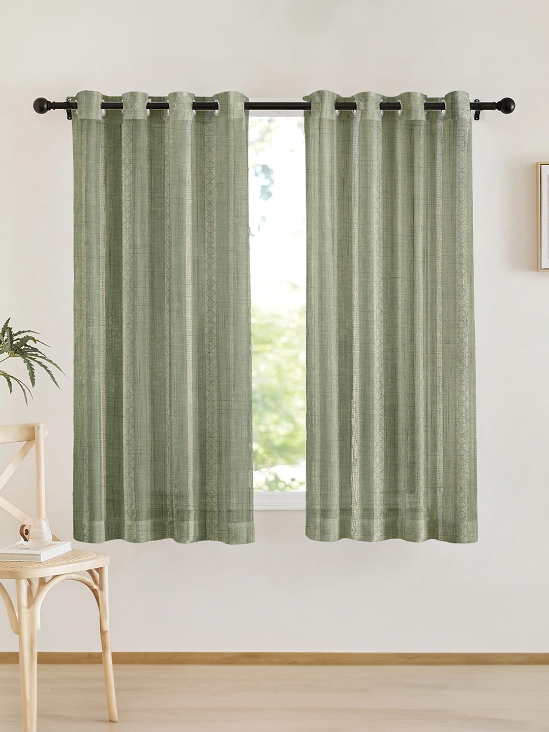 

URBAN SPACE Green & White 2 Pieces Striped Sheer Window Curtain