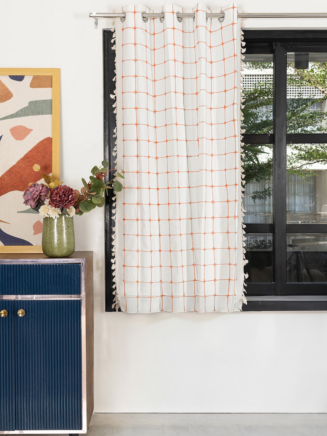 

URBAN SPACE White & Orange Embroidered Cotton Window Curtain