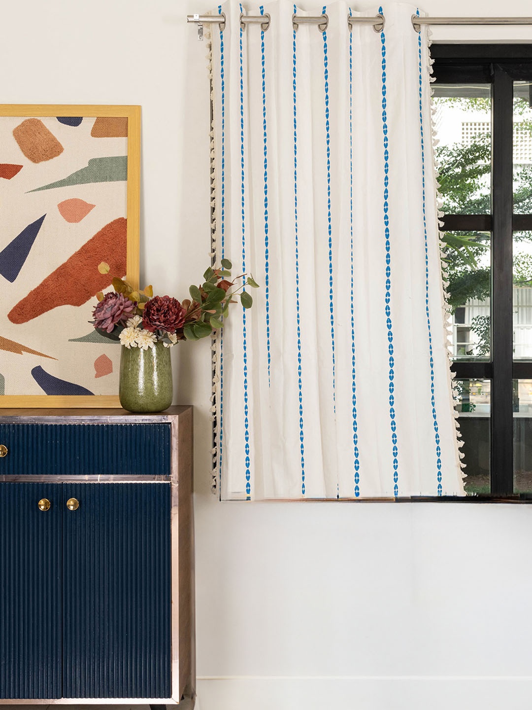 

URBAN SPACE White & Blue Embroidered Cotton Window Curtain