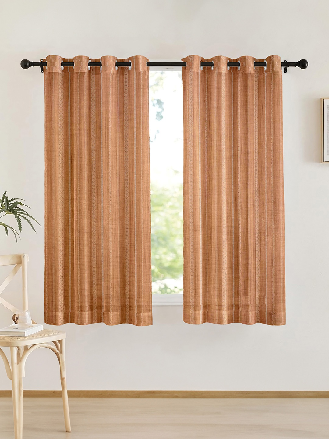 

URBAN SPACE Pink 2 Pieces Striped Sheer Window Curtain