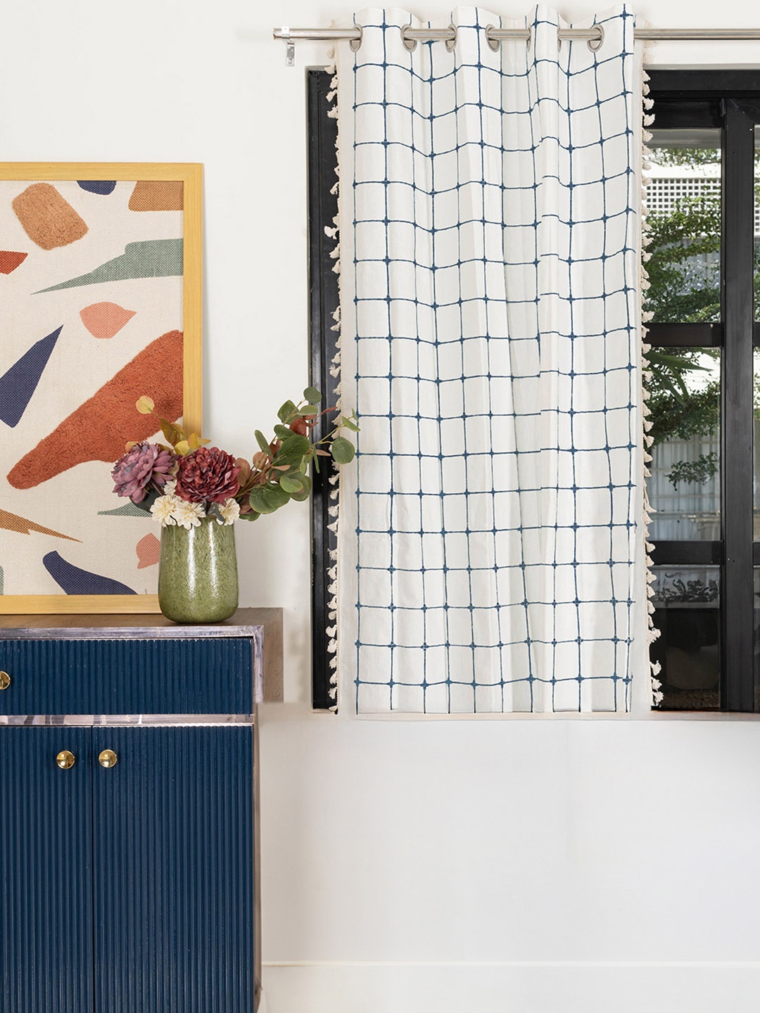 

URBAN SPACE White & Navy Blue Geometric Embroidered Tasselled Cotton Window Curtain
