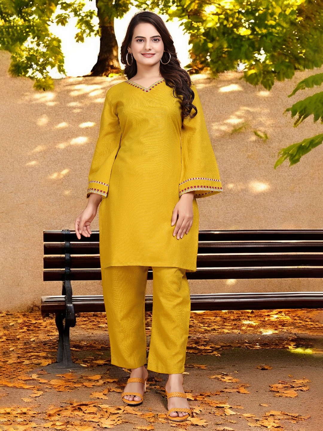 

VORHIZA Floral Yoke Design Regular Thread Work Kurta With Trousers, Yellow