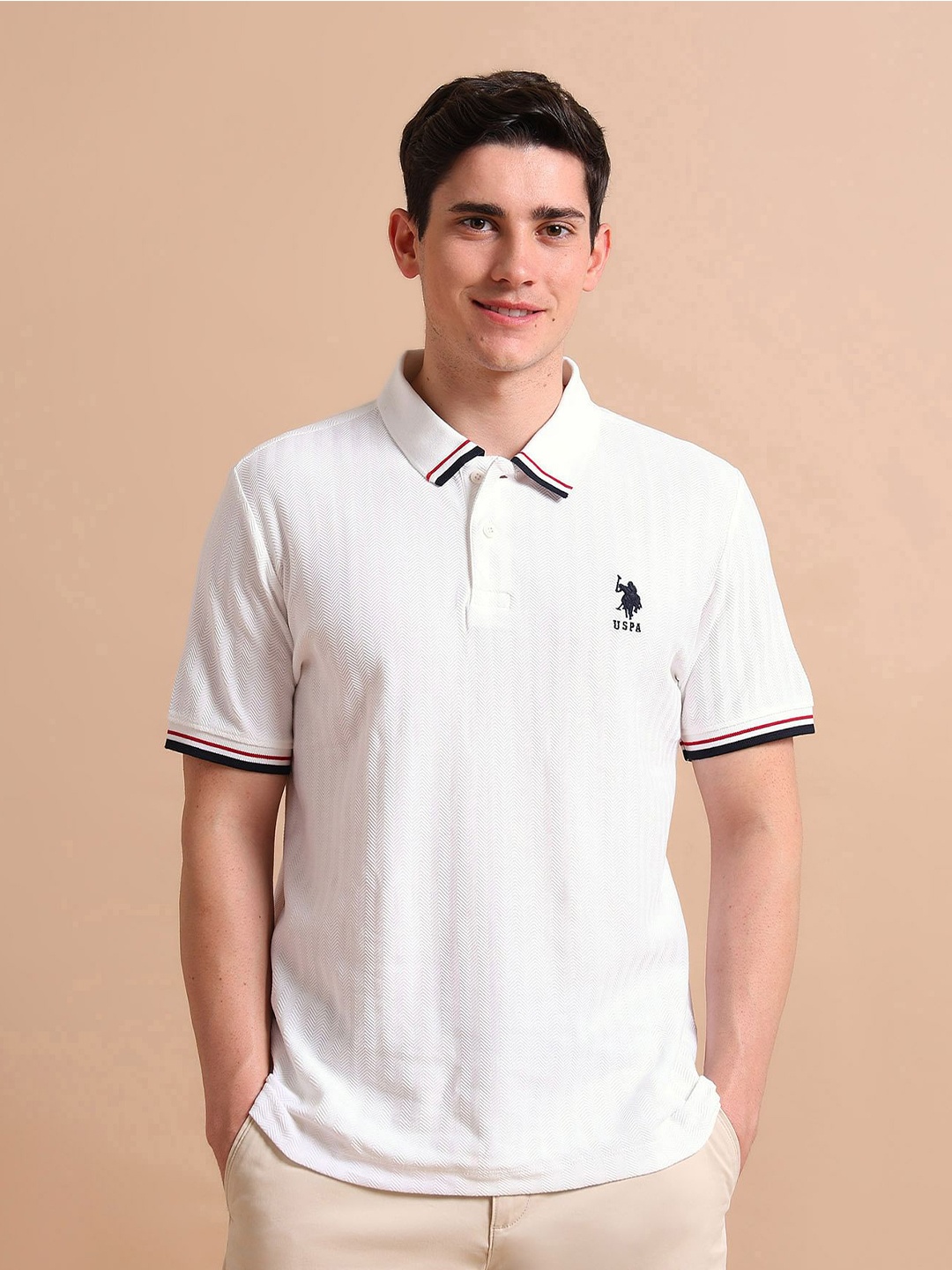 

U.S. Polo Assn. Men Self Design Polo Collar Slim Fit Pure Cotton T-shirt, White