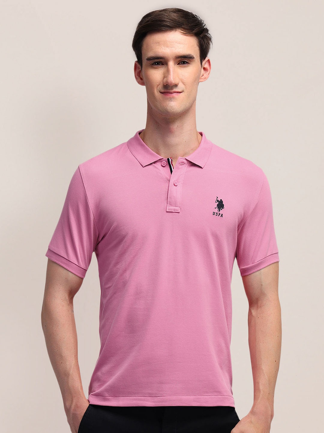 U.S. Polo Assn. Men Solid Polo Collar Cotton Slim Fit T-shirt, Pink