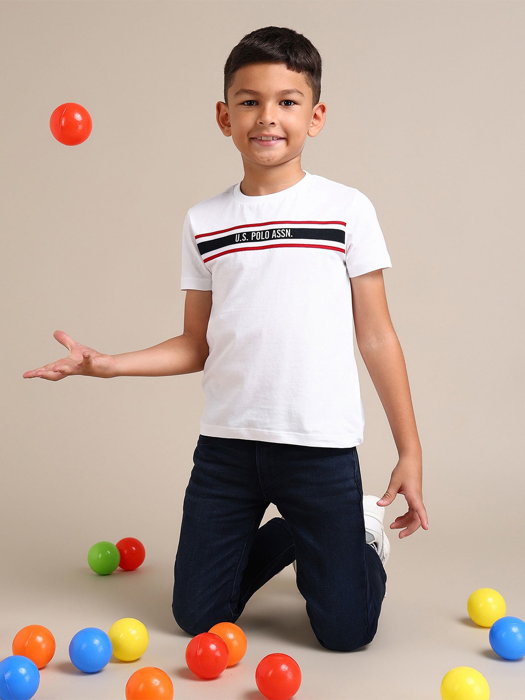 

U.S. Polo Assn. Kids Boys Brand Logo Printed Pure Cotton T-shirt, White