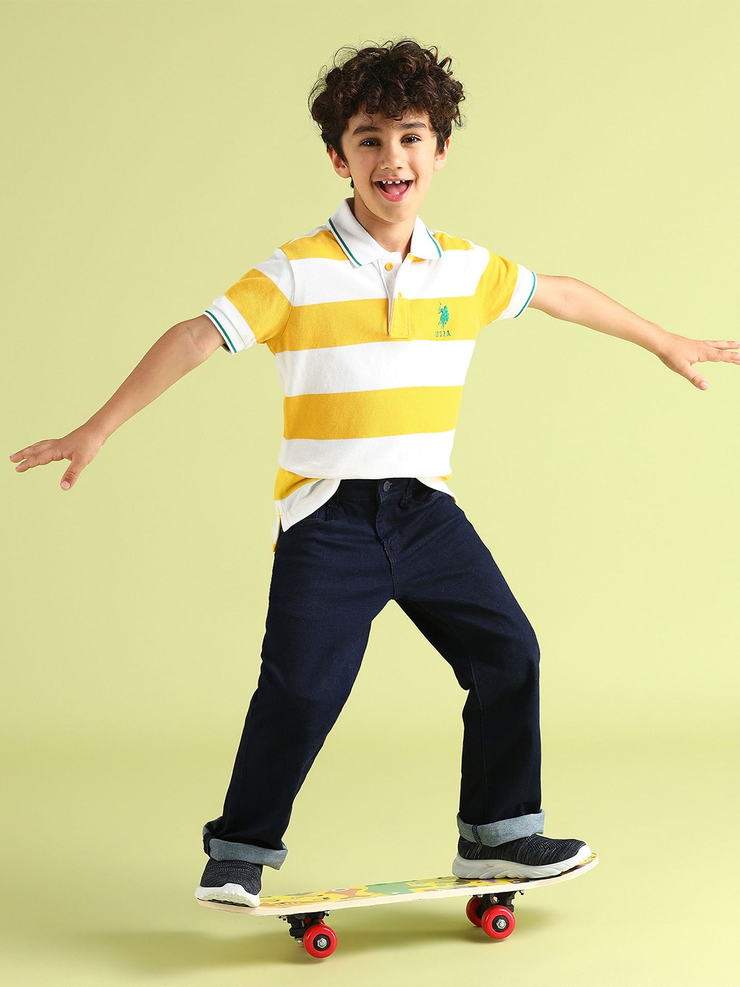 

U.S. Polo Assn. Kids Boys Brand Logo Striped Polo Collar Pure Cotton T-shirt, Yellow