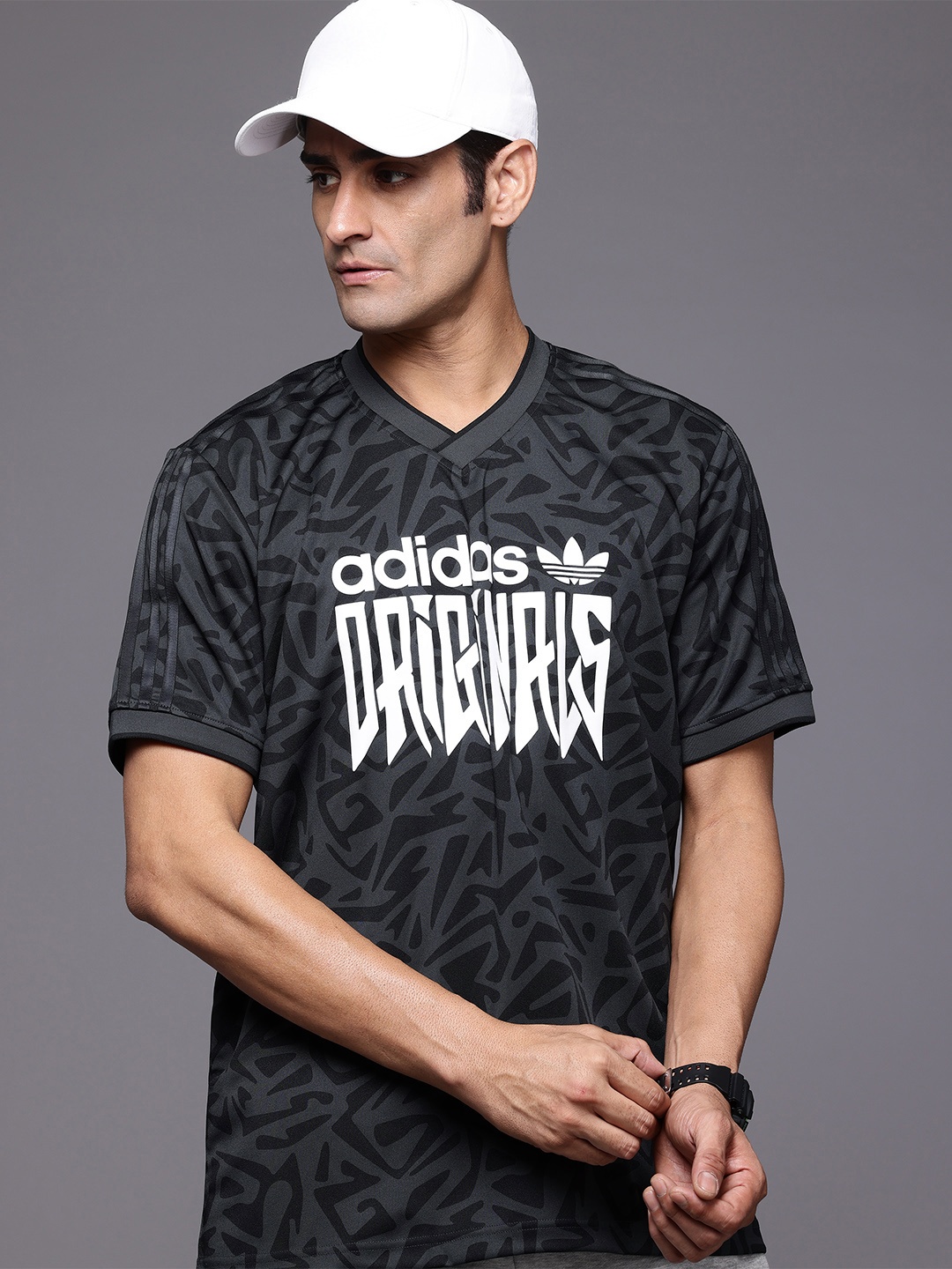 

ADIDAS Originals Men All Over Print V-Neck T-shirt, Charcoal